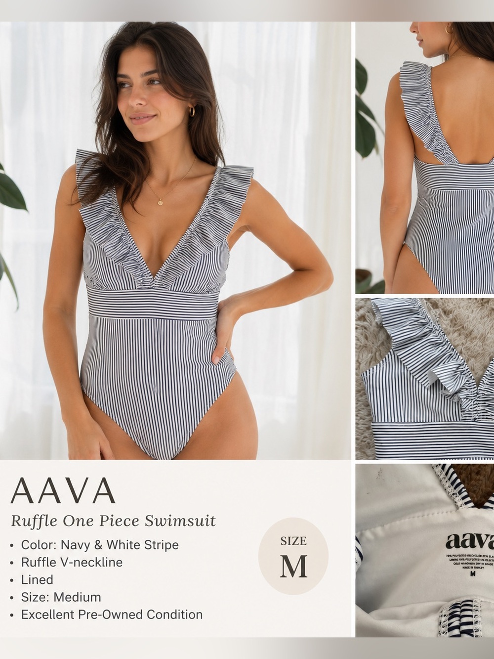 Aava Striped Ruffle V-Neck One Piece Swimsuit - Navy/White